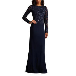 NWT, Tadashi Shoji Forena Embroidered Crepe Gown in Navy Sz 10 #LD189